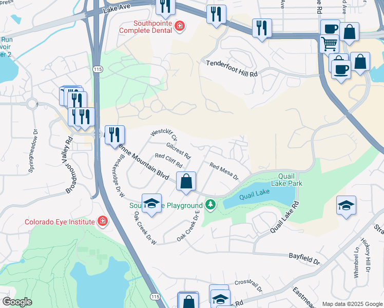 map of restaurants, bars, coffee shops, grocery stores, and more near 643 La Bourgade Point in Colorado Springs