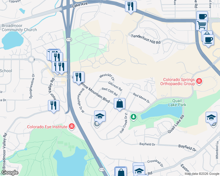 map of restaurants, bars, coffee shops, grocery stores, and more near 608 Gilcrest Road in Colorado Springs