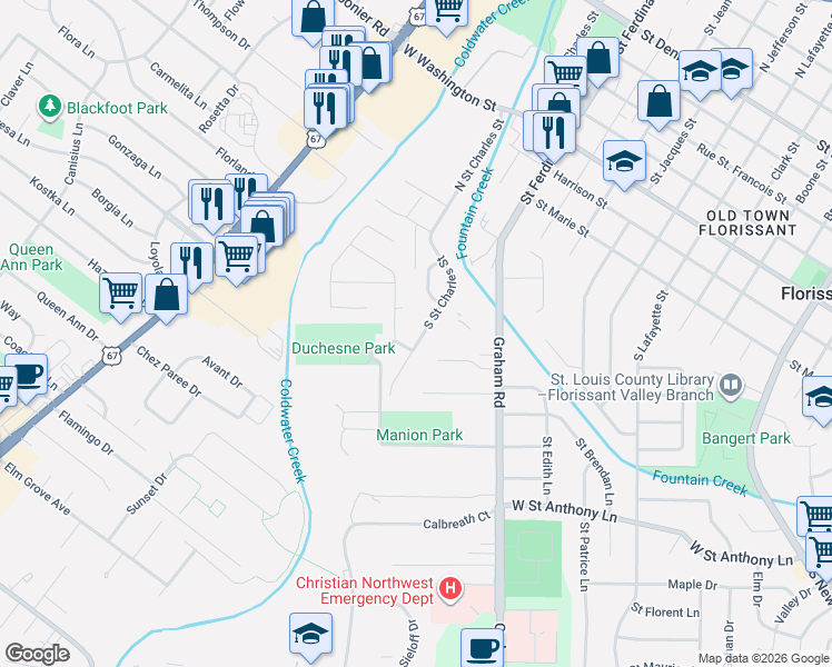 map of restaurants, bars, coffee shops, grocery stores, and more near 290 South Saint Charles Street in Florissant