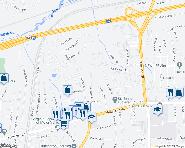 map of restaurants, bars, coffee shops, grocery stores, and more near 6003 Larkspur Drive in Alexandria