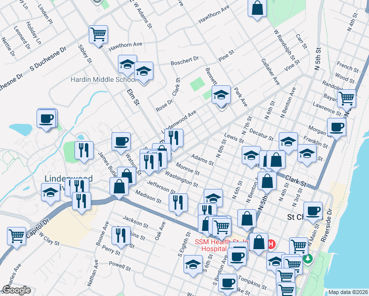 map of restaurants, bars, coffee shops, grocery stores, and more near 428 Houston Street in Saint Charles