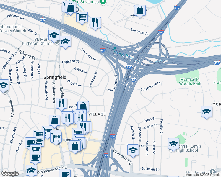 map of restaurants, bars, coffee shops, grocery stores, and more near 6703 Cabin John Road in Springfield