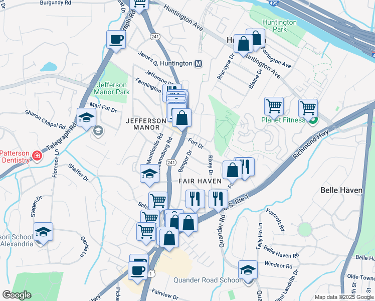 map of restaurants, bars, coffee shops, grocery stores, and more near 5936 Bangor Drive in Alexandria