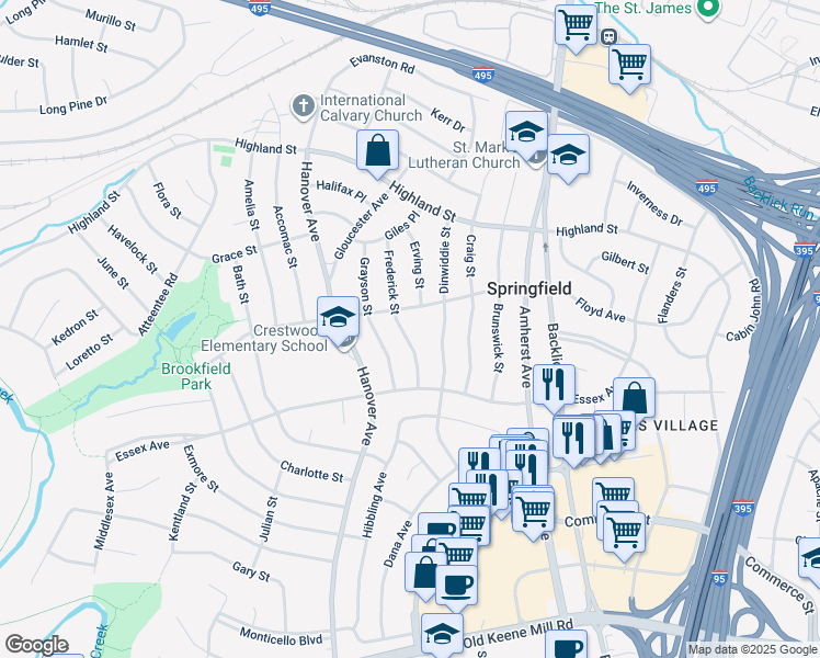 map of restaurants, bars, coffee shops, grocery stores, and more near 6005 Frederick Street in Springfield