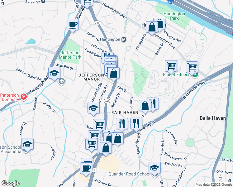 map of restaurants, bars, coffee shops, grocery stores, and more near 5936 Bangor Drive in Alexandria