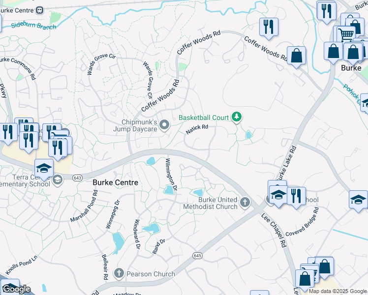 map of restaurants, bars, coffee shops, grocery stores, and more near 9866 Natick Road in Burke