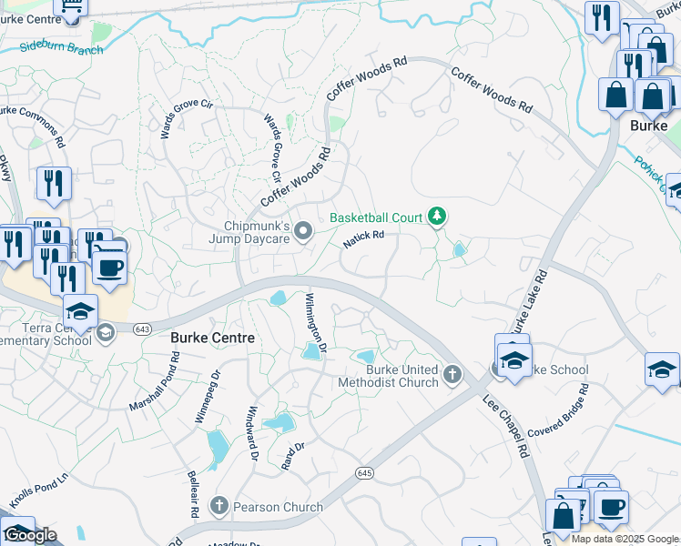 map of restaurants, bars, coffee shops, grocery stores, and more near 9866 Natick Road in Burke