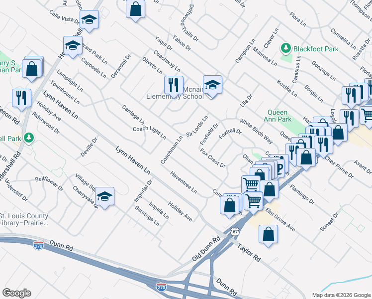 map of restaurants, bars, coffee shops, grocery stores, and more near 585 Coach Light Lane in Hazelwood
