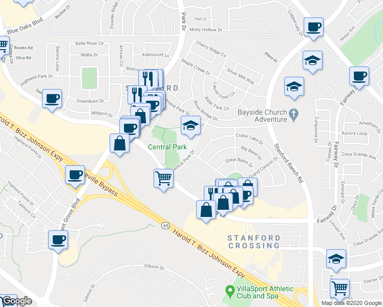 map of restaurants, bars, coffee shops, grocery stores, and more near 727 Central Park Drive in Roseville