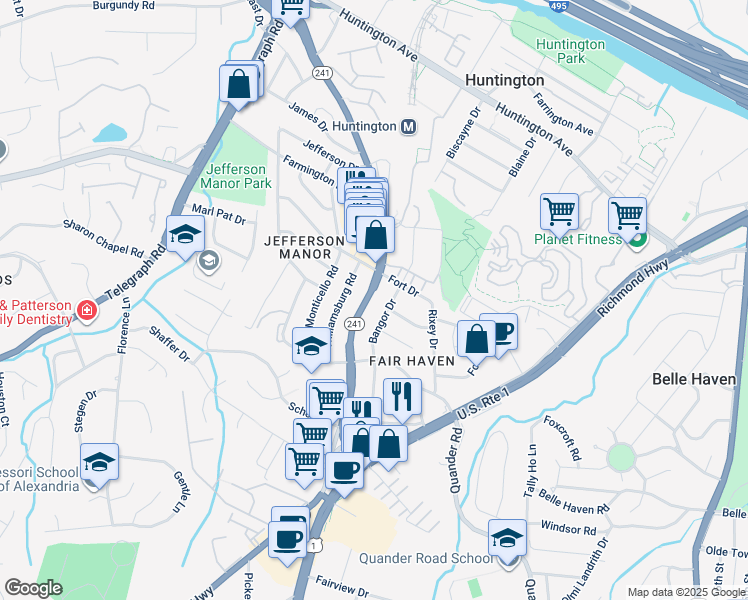 map of restaurants, bars, coffee shops, grocery stores, and more near 5937 North Kings Highway in Alexandria