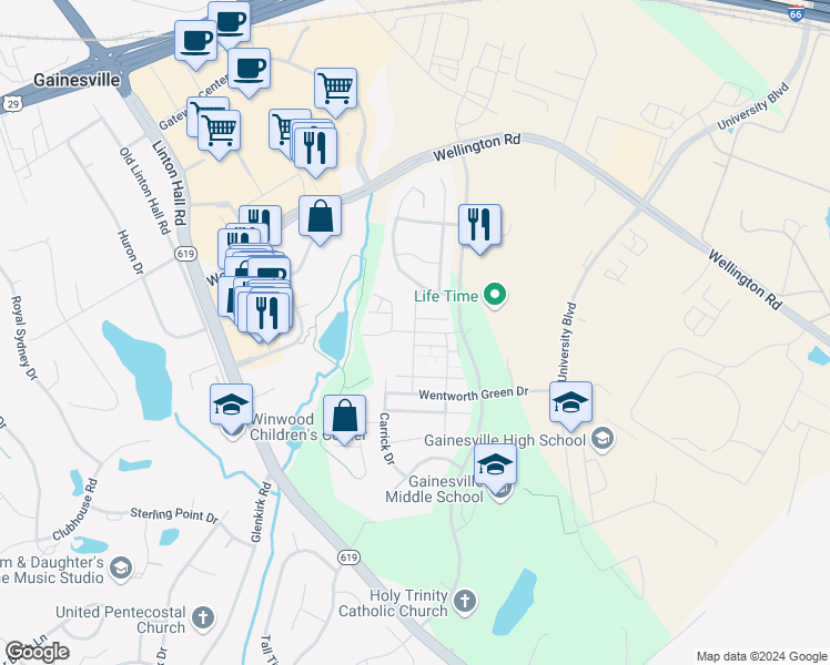 map of restaurants, bars, coffee shops, grocery stores, and more near Darbey Knoll Drive in Gainesville