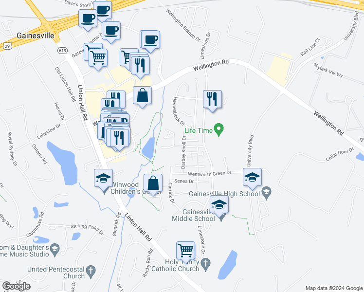 map of restaurants, bars, coffee shops, grocery stores, and more near Rockingham Lane in Gainesville