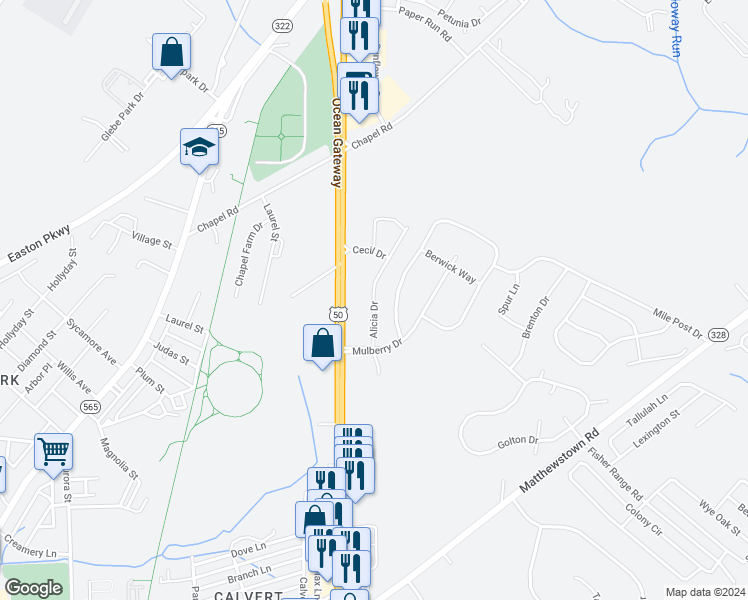 map of restaurants, bars, coffee shops, grocery stores, and more near Alicia Drive in Easton