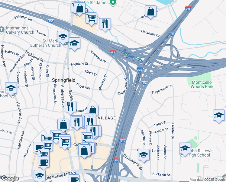 map of restaurants, bars, coffee shops, grocery stores, and more near 5924 Augusta Drive in Springfield