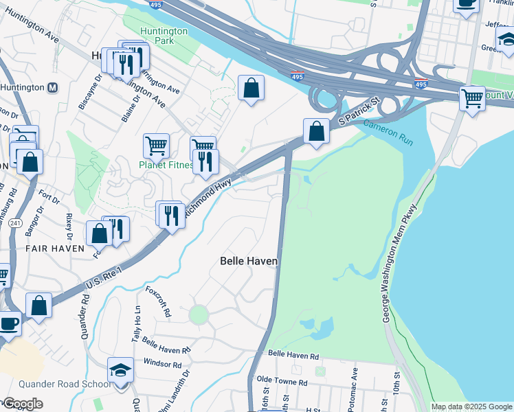map of restaurants, bars, coffee shops, grocery stores, and more near 1905 Belfield Road in Alexandria