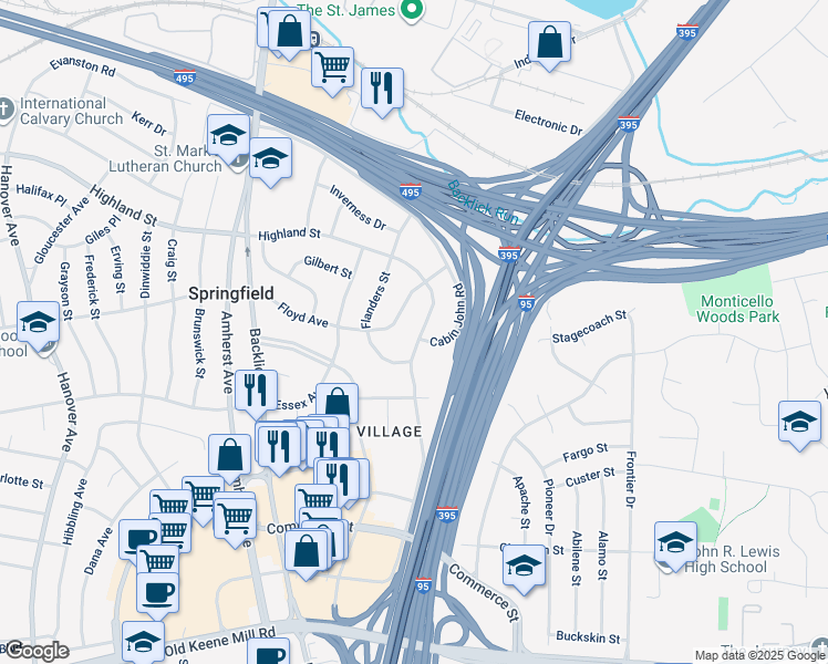 map of restaurants, bars, coffee shops, grocery stores, and more near 5924 Augusta Drive in Springfield