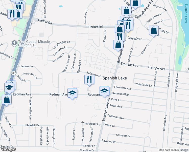 map of restaurants, bars, coffee shops, grocery stores, and more near 1659 Talisman Lane in St. Louis