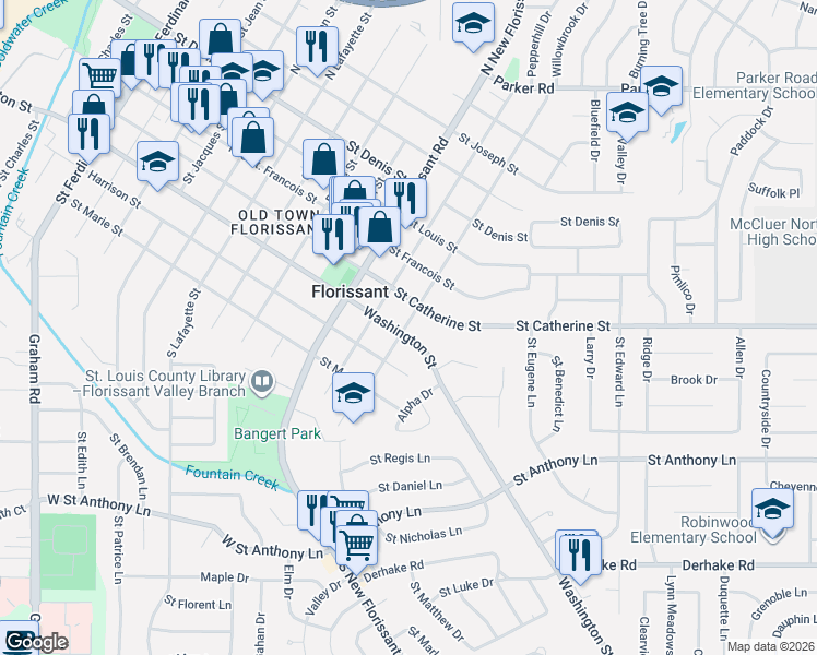 map of restaurants, bars, coffee shops, grocery stores, and more near 1245 Washington Street in Florissant