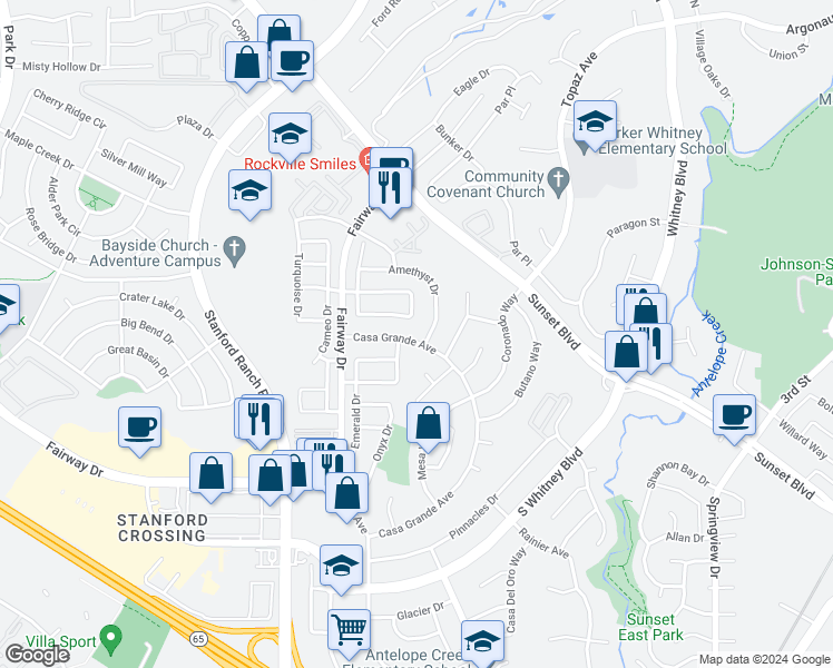 map of restaurants, bars, coffee shops, grocery stores, and more near 5425 Casa Grande Avenue in Rocklin