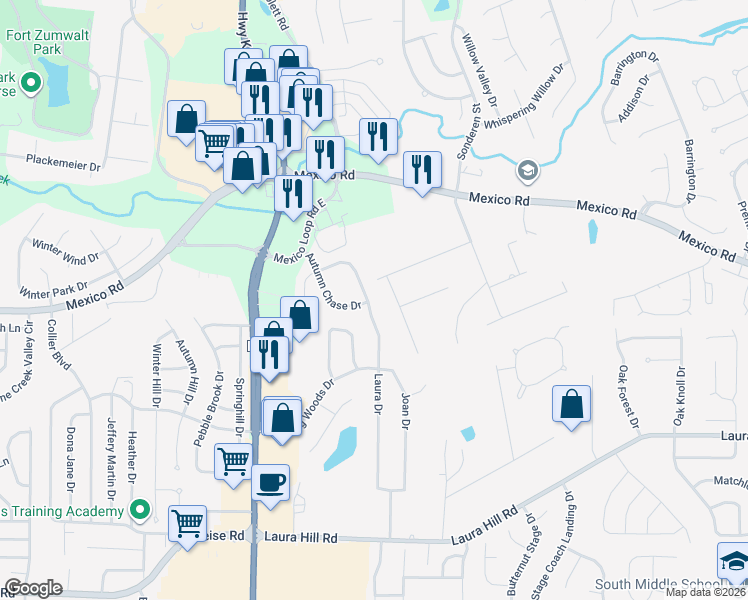 map of restaurants, bars, coffee shops, grocery stores, and more near 2 Sunrise Lane in St. Peters