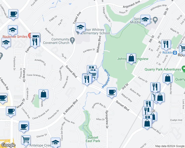 map of restaurants, bars, coffee shops, grocery stores, and more near 5465 Whitney Boulevard in Rocklin
