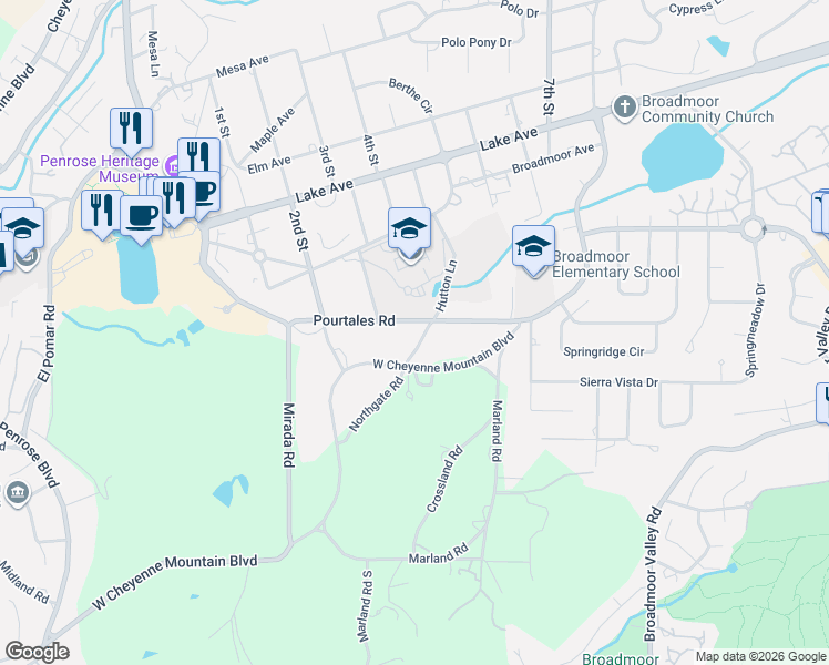 map of restaurants, bars, coffee shops, grocery stores, and more near 21 Pourtales Road in Colorado Springs