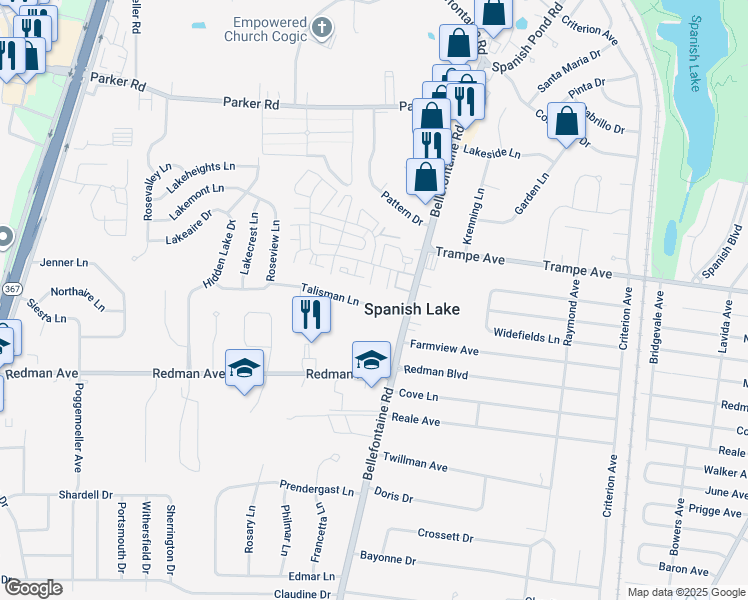 map of restaurants, bars, coffee shops, grocery stores, and more near 1633 Talisman Lane in St. Louis