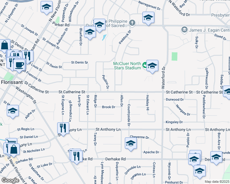 map of restaurants, bars, coffee shops, grocery stores, and more near St Catherine St & Paddock Dr in Florissant