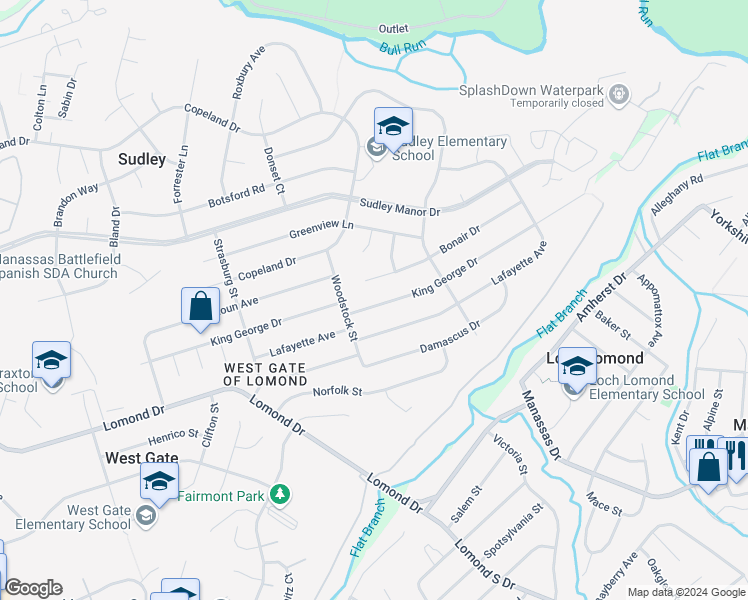 map of restaurants, bars, coffee shops, grocery stores, and more near 9622 King George Drive in Manassas