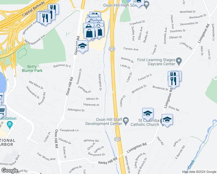 map of restaurants, bars, coffee shops, grocery stores, and more near 534 Wilson Bridge Drive in Fort Washington