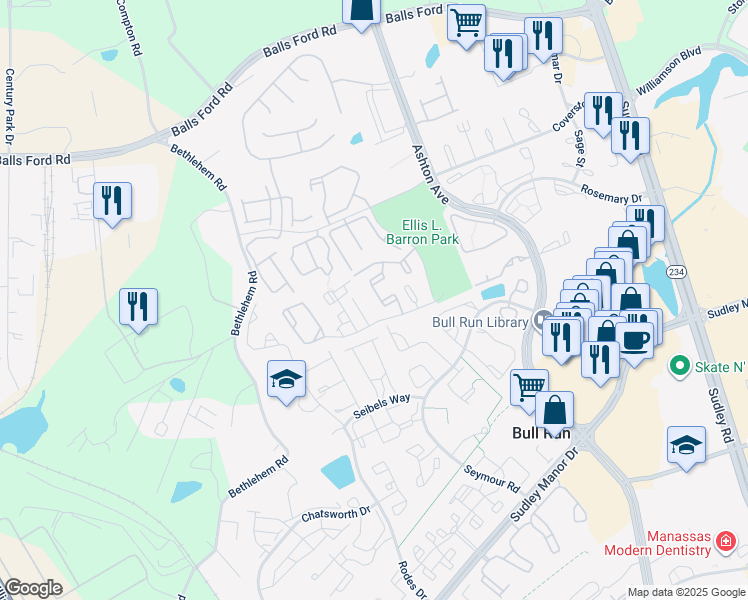 map of restaurants, bars, coffee shops, grocery stores, and more near 11188 Stagestone Way in Manassas