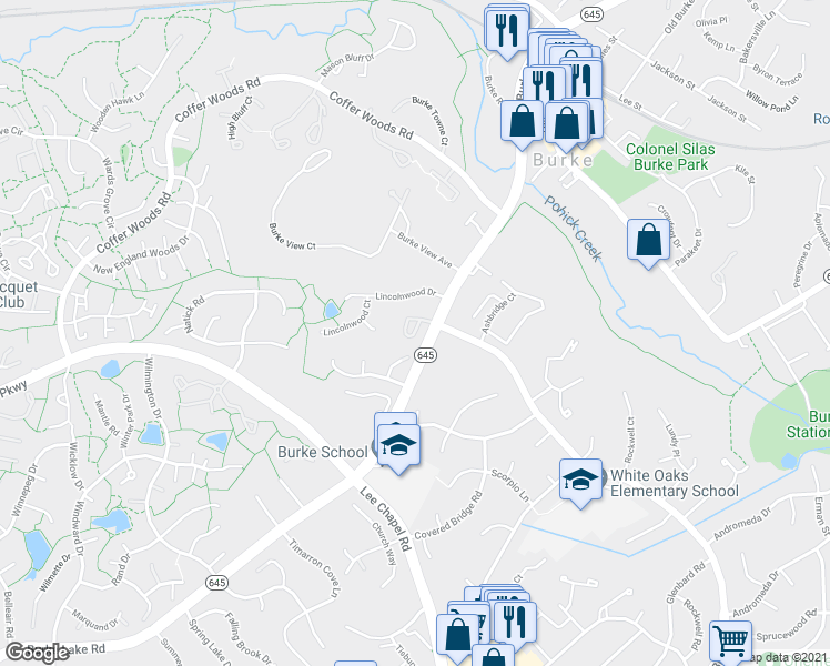 map of restaurants, bars, coffee shops, grocery stores, and more near 6012 Deep Lake Way in Burke
