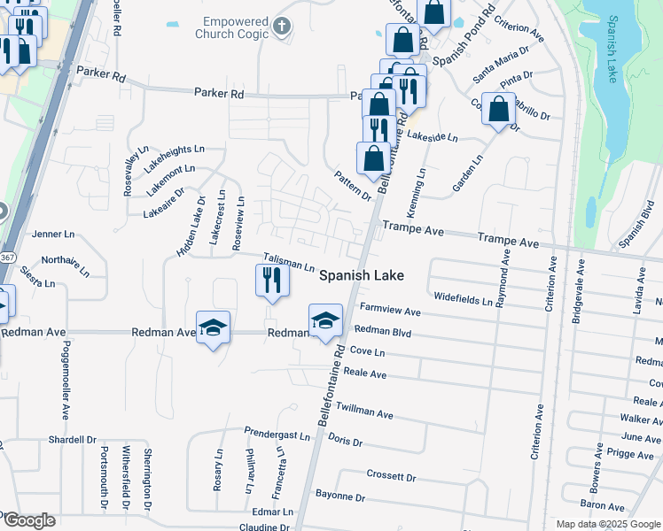 map of restaurants, bars, coffee shops, grocery stores, and more near 1633 Talisman Lane in St. Louis