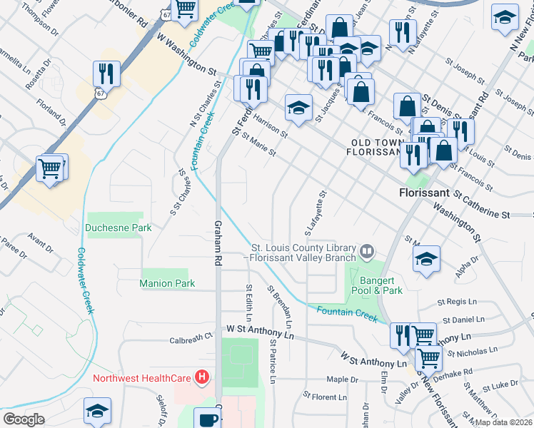 map of restaurants, bars, coffee shops, grocery stores, and more near 240 South Saint Jacques Street in Florissant