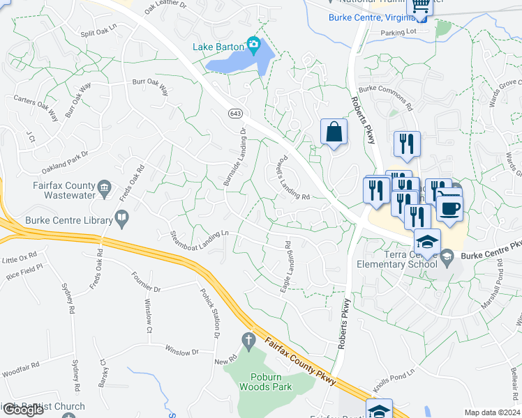 map of restaurants, bars, coffee shops, grocery stores, and more near 6023 Burnside Landing Drive in Burke