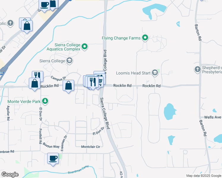 map of restaurants, bars, coffee shops, grocery stores, and more near 5401 Sierra College Boulevard in Rocklin