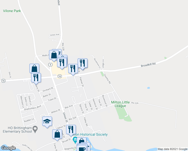 map of restaurants, bars, coffee shops, grocery stores, and more near 24716 Broadkill Road in Milton