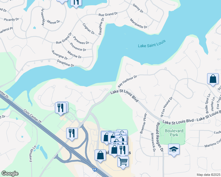 map of restaurants, bars, coffee shops, grocery stores, and more near 63 Moorings Drive in Lake Saint Louis