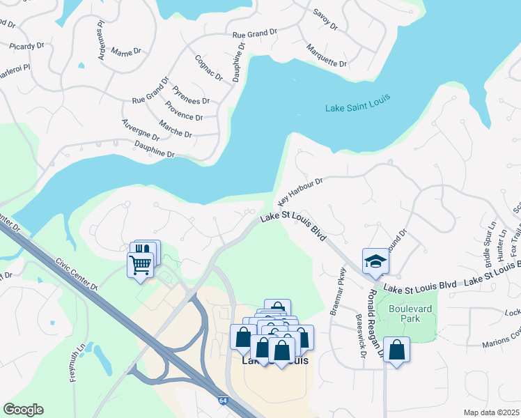 map of restaurants, bars, coffee shops, grocery stores, and more near 63 Moorings Drive in Lake Saint Louis