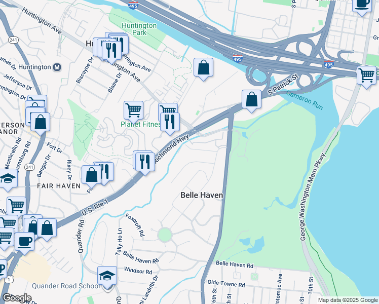 map of restaurants, bars, coffee shops, grocery stores, and more near 1921 Belfield Road in Alexandria