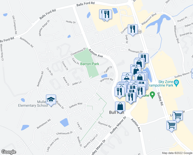 map of restaurants, bars, coffee shops, grocery stores, and more near 10612 Winfield Loop in Manassas