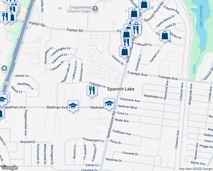 map of restaurants, bars, coffee shops, grocery stores, and more near 1643 Talisman Lane in St. Louis
