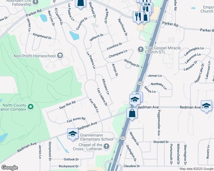 map of restaurants, bars, coffee shops, grocery stores, and more near 11594 Altozano Lane in Florissant