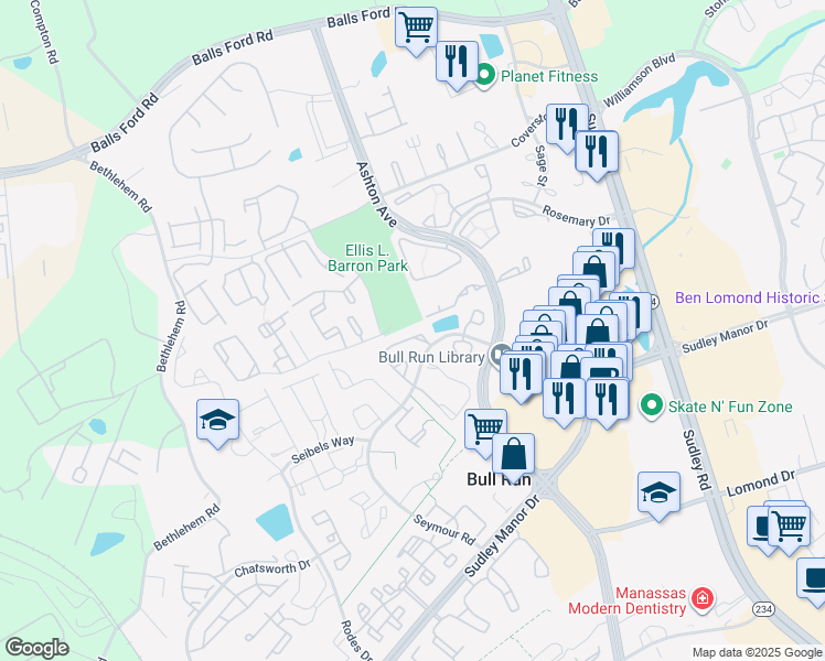 map of restaurants, bars, coffee shops, grocery stores, and more near 10612 Winfield Loop in Manassas