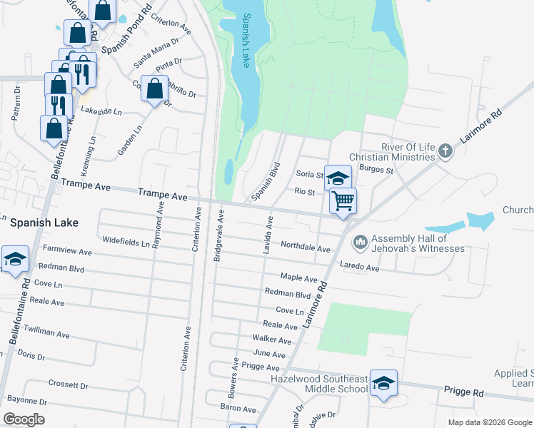 map of restaurants, bars, coffee shops, grocery stores, and more near 1200 Trampe Avenue in St. Louis