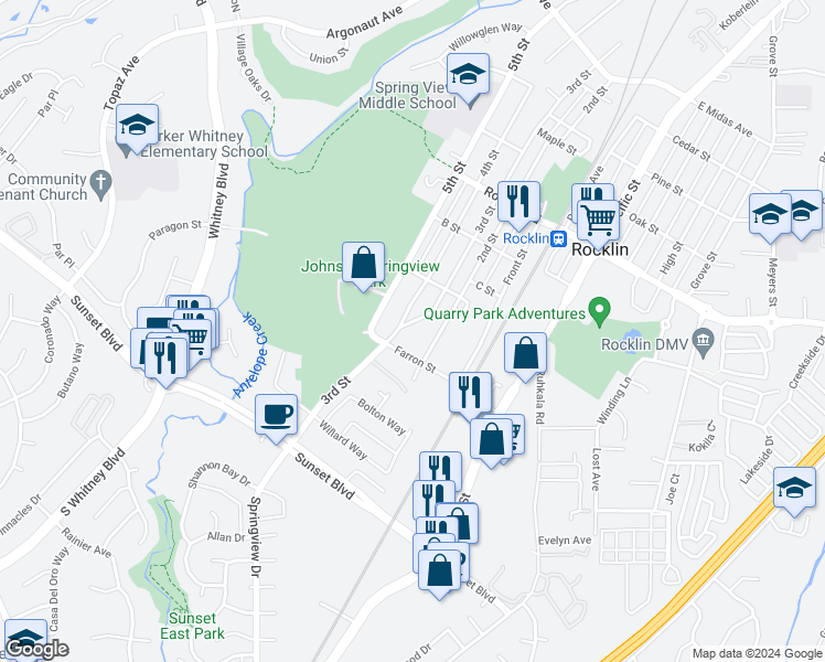 map of restaurants, bars, coffee shops, grocery stores, and more near 5453 3rd Street in Rocklin