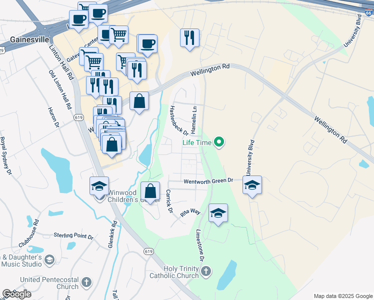 map of restaurants, bars, coffee shops, grocery stores, and more near 13575 Handel Place in Gainesville
