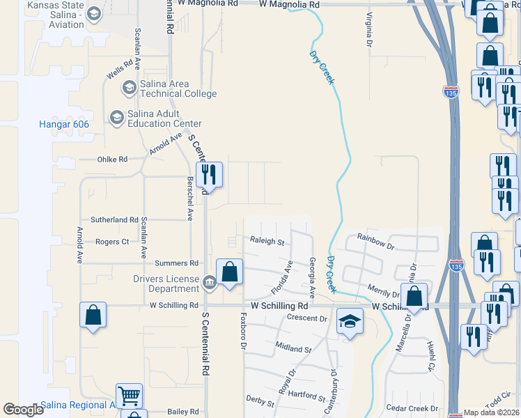 map of restaurants, bars, coffee shops, grocery stores, and more near 154 Hoover Court in Salina