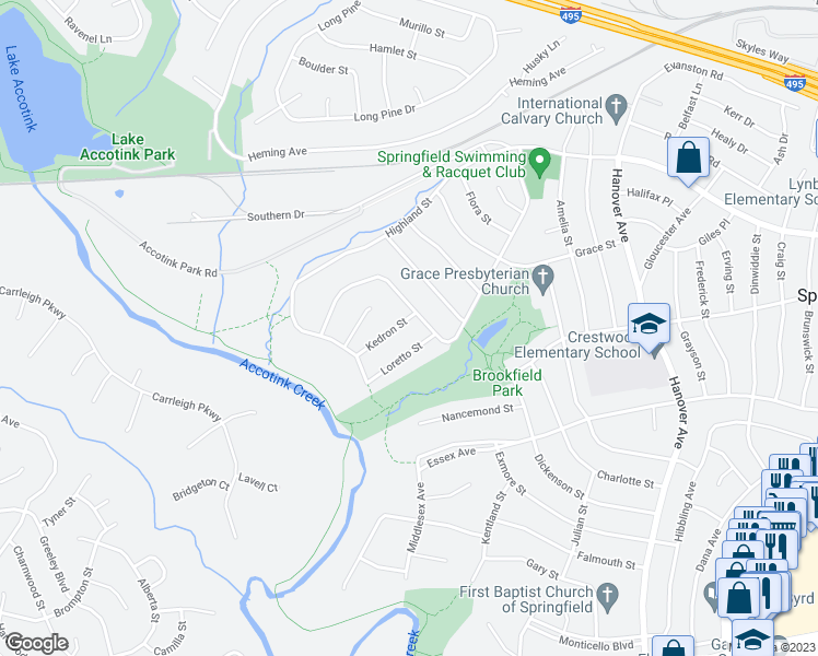 map of restaurants, bars, coffee shops, grocery stores, and more near 5951 Kedron Street in Springfield