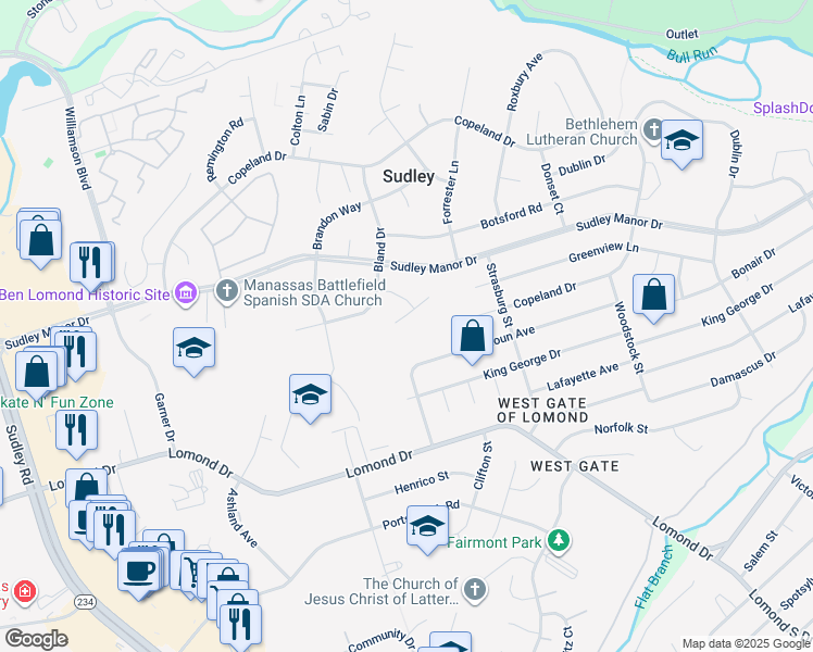 map of restaurants, bars, coffee shops, grocery stores, and more near 7711 Anderson Court in Manassas